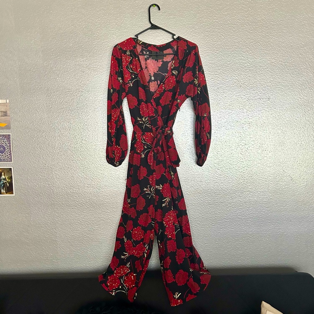 No. 6 Store Silk Red/Black Carnation Floral Print Jumpsuit, sz 3 / L